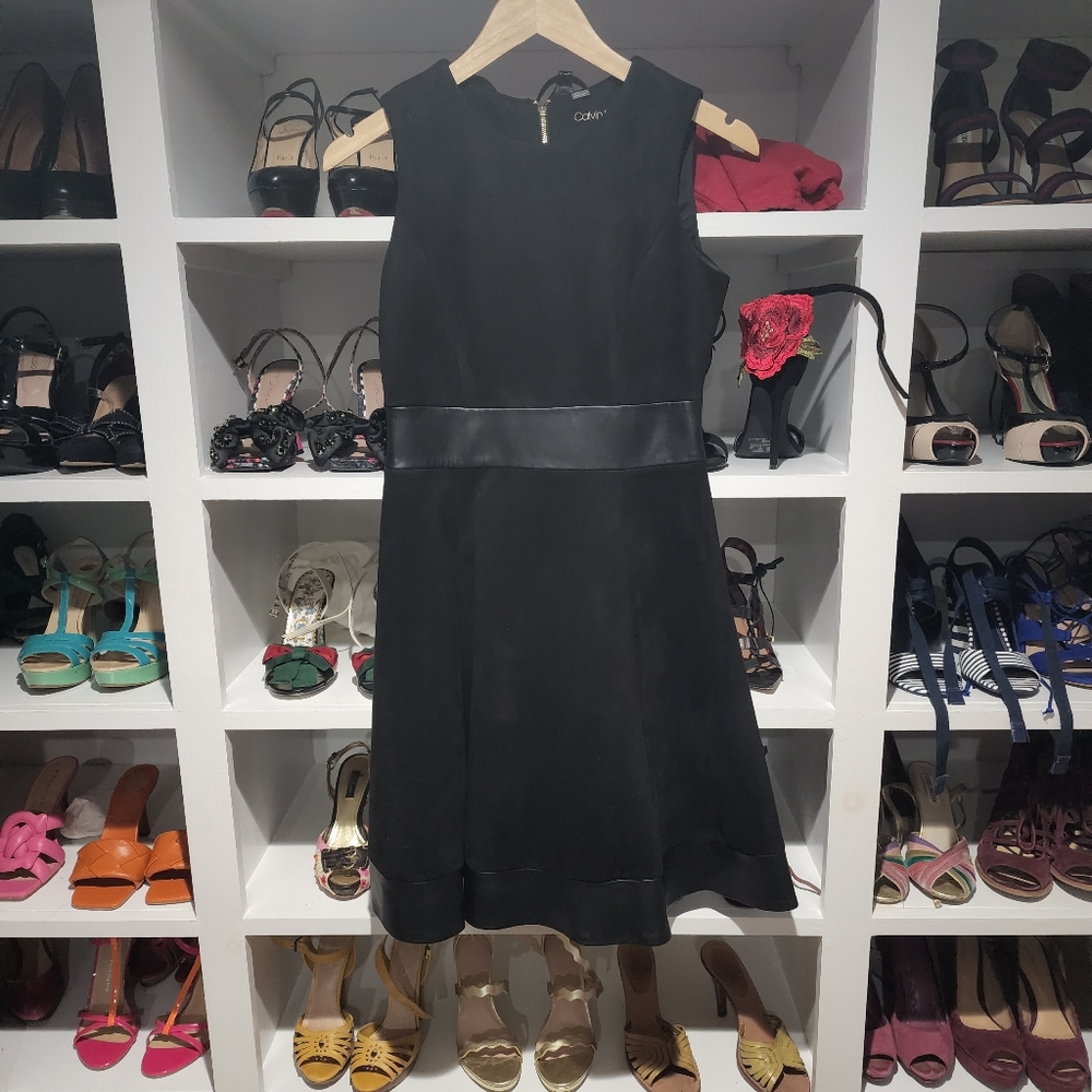 Black Calvin Klein suede dress with leather trim